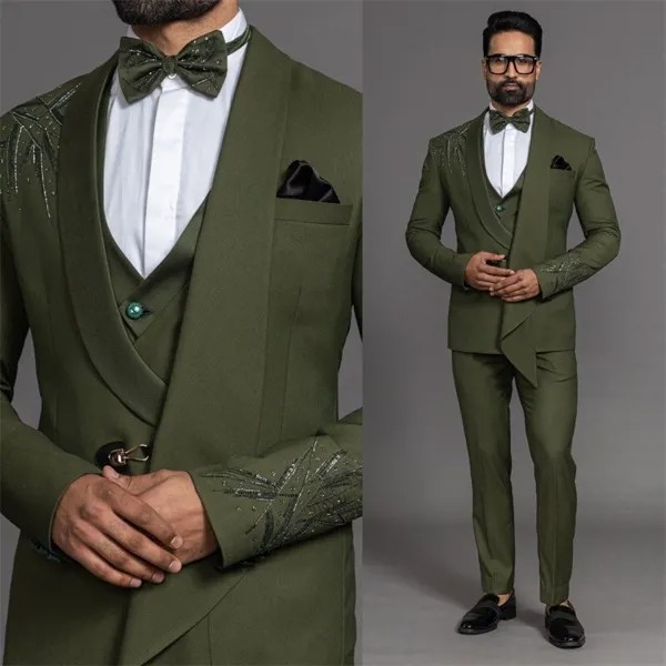 Роскошный мужской костюм с блестками и бусинами, комплект из 3 предметов для свадьбы, Официальный смокинг для жениха оливкового цвета, пиджак + брюки + жилет, изготовление на заказ