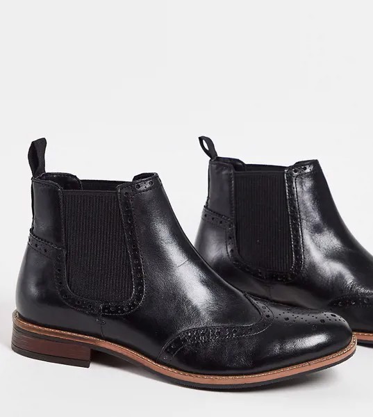 Ботинки челси для широкой стопы из кожи черного цвета с перфорацией в стиле брогов Silver Street-Черный