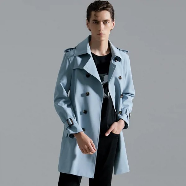 Куртка мужская длинная до колена, модная двубортная ветровка с поясом, приталенный длинный Тренч, пальто, 6XL, осень