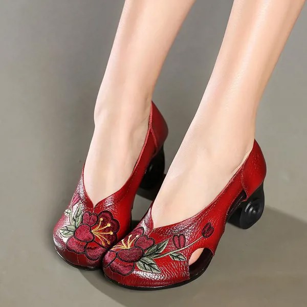 Женские туфли-лодочки с вышивкой на оригинальном каблуке 6 см; туфли ручной работы из натуральной кожи; винтажная обувь 2020