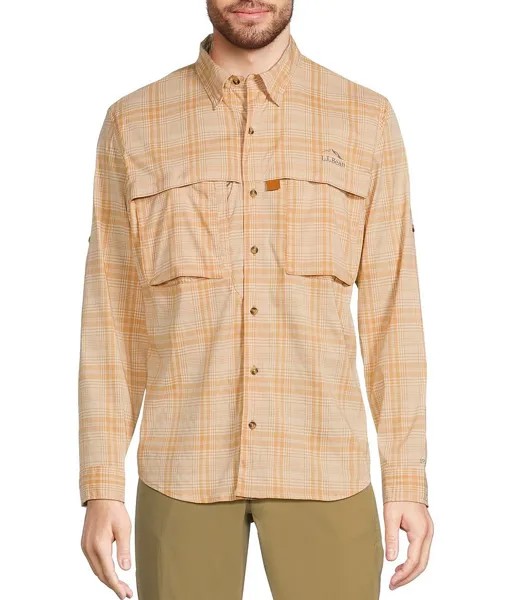 Рубашка в клетку L.L.Bean Performance Stretch Tropicwear с длинными рукавами, бежевый