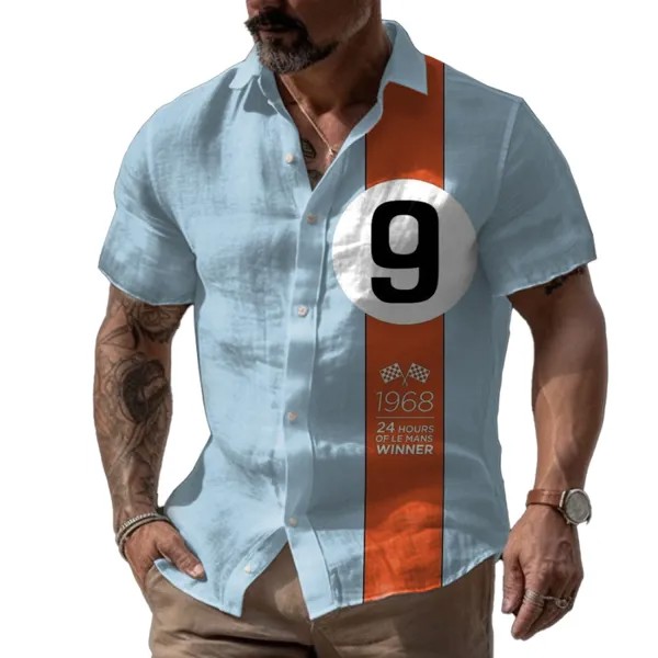 Мужская рубашка с короткими рукавами в полоску с принтом в стиле ретро и гонками