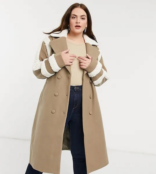 Тренч с отделкой из овечьей шерсти Fashion Union Plus-Коричневый цвет