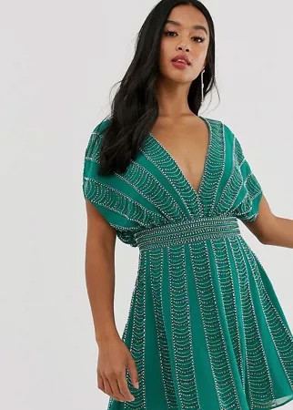 Короткое приталенное платье с отделкой бусинами и пайетками ASOS DESIGN Petite-Зеленый