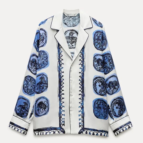 Рубашка Zara Zw Collection Printed, белый/темно-синий