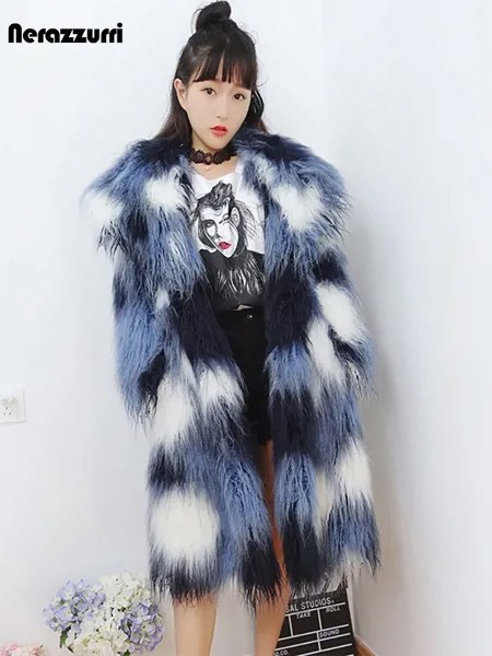 Зимнее пальто Nerazzurri из искусственного меха пушистое с длинным рукавом женское пушистое цветное пальто из монгольской овечьей шерсти тепло...