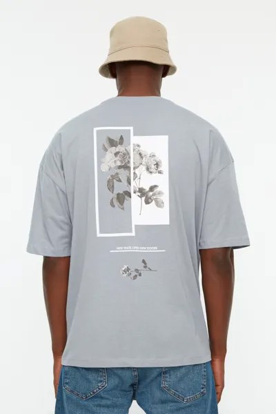 Серая мужская футболка оверсайз/широкого кроя с круглым вырезом и цветочным принтом с короткими рукавами из 100% хлопка TMNSS21TS1223 Trendyol, серый