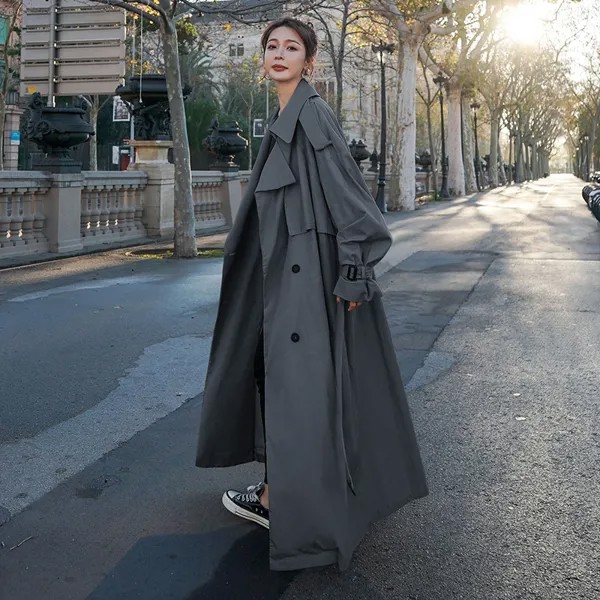 Корейский стиль свободные длиной до пола Для женщин Тренч двубортным поясом дамский плащ ветровка Весна-осень верхняя одежда серого цвета