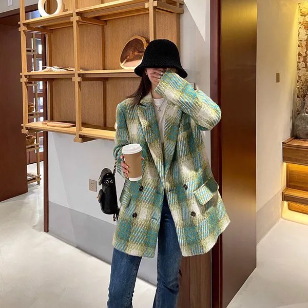 Женское шерстяное пальто в винтажном стиле, зеленый двубортный пиджак в клетку с отложным воротником и длинным рукавом, Корейская верхняя о...