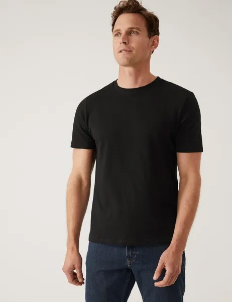 Облегающая футболка из чистого хлопка с круглым вырезом Marks & Spencer, черный