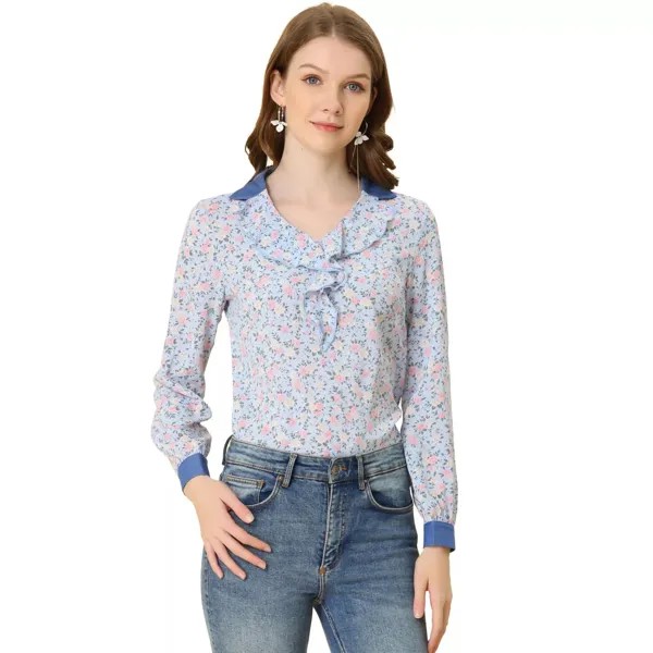 Женские шифоновые топы с плоским воротником и рюшами, элегантная летняя блузка с V-образным вырезом и цветочным принтом ALLEGRA K