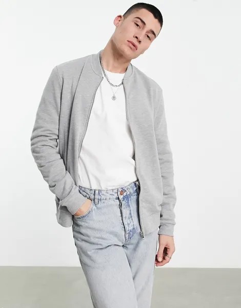 Трикотажный бомбер серого меланжевого цвета ASOS DESIGN-Серый