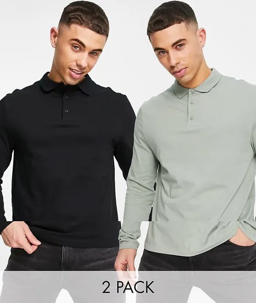 Набор из 2 трикотажных поло разных цветов с длинными рукавами ASOS DESIGN-Разноцветный