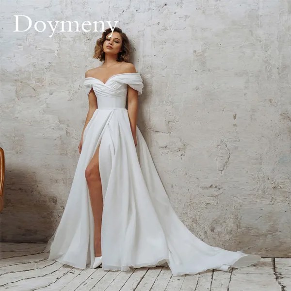Doymeny 2023 Новое поступление элегантное атласное свадебное платье с V-образным вырезом открытыми плечами с высоким разрезом на шнуровке Robe De Mariee
