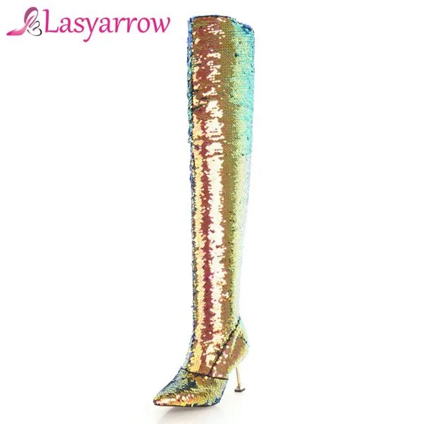 Lasyarrow шикарные облегающие Высокие Сапоги выше колена, блестящие металлические ботфорты на тонком высоком каблуке, модельные туфли золотого...