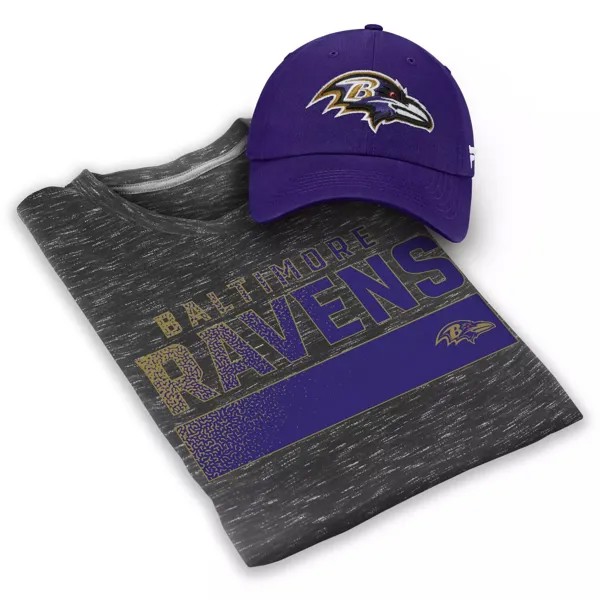 Мужская фирменная серо-фиолетовая футболка Baltimore Ravens с логотипом и регулируемая шляпа Fanatics