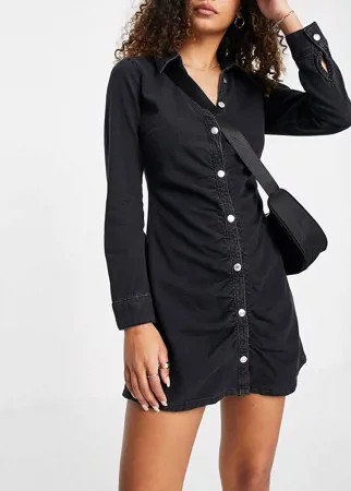 Черное выбеленное джинсовое платье-рубашка со сборками ASOS DESIGN-Черный