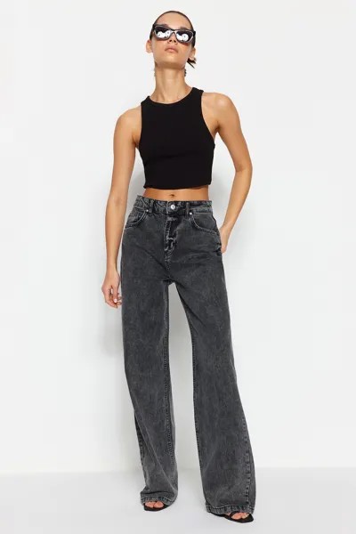 Антрацитовые широкие джинсы с завышенной талией Trendyol, серый