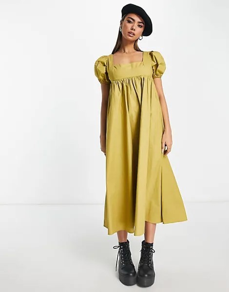 Гламурное свободное платье миди с квадратным вырезом и пышными рукавами оливкового цвета хаки