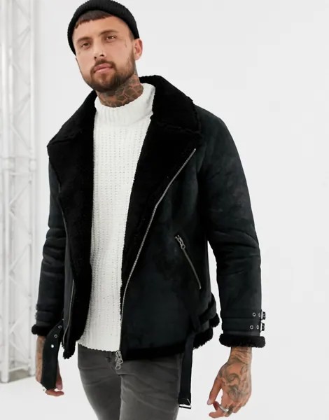 Байкерская куртка с подкладкой из искусственного меха ASOS DESIGN-Черный