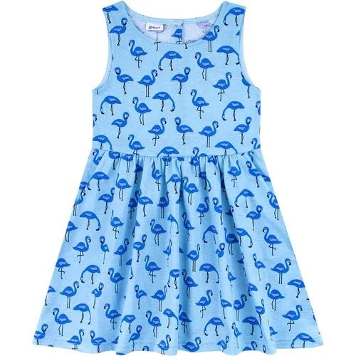 Платье сарафан летнее нарядное для девочки из хлопка с коротким рукавом, Синие Фламинго 32 (122-128) 7-8 лет