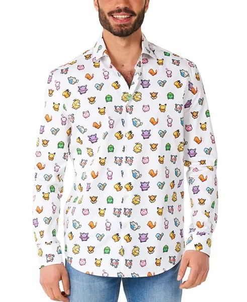 Мужская рубашка с длинным рукавом с пиксельным рисунком покемонов OppoSuits, белый