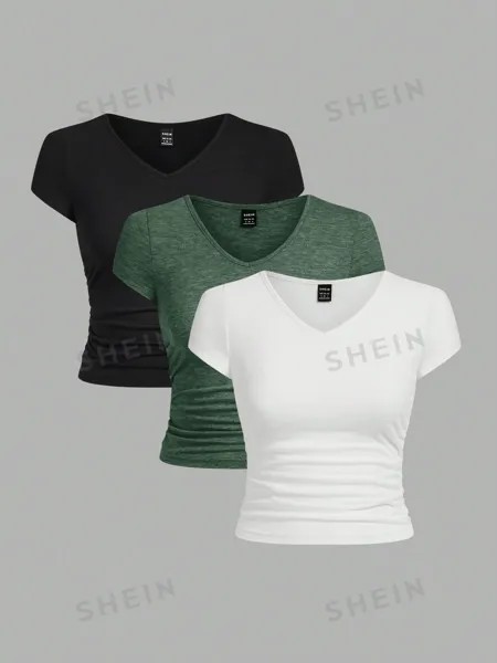 SHEIN EZwear Многоцветная трикотажная облегающая футболка с v-образным вырезом и короткими рукавами, темно-зеленый