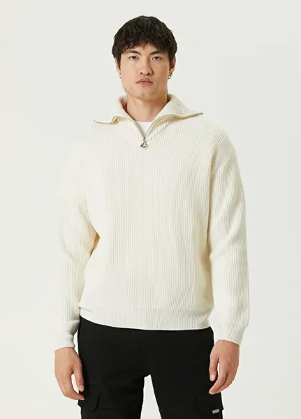Текстурированный шерстяной свитер с полосками по бокам и молнией цвета экрю Solid Homme