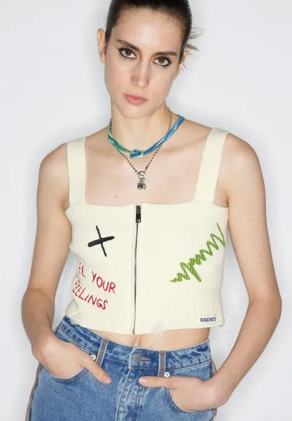 Топ Slim Fit Slogan Embroidered Crop Twist, цвет cream