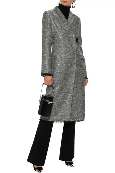 НОВИНКА LELA ROSE Серое, серебристое твидовое двубортное пальто с бахромой и пайетками, длинное пальто 12
