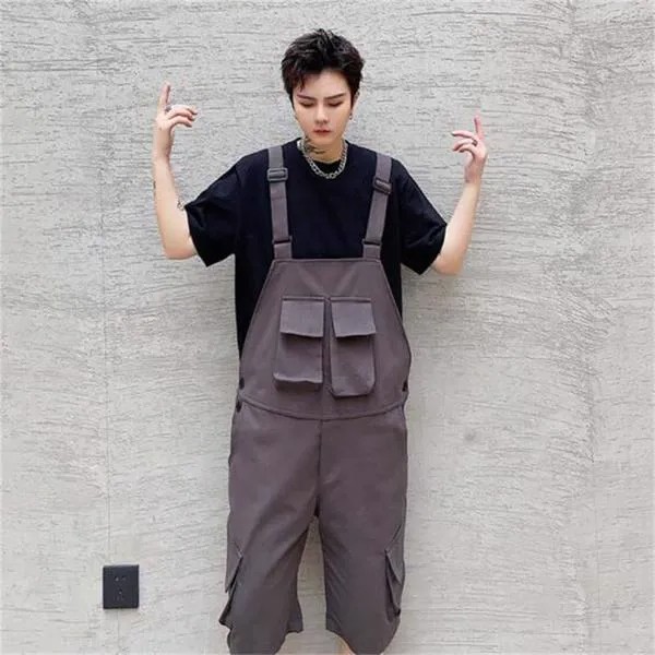 Шорты мужские на лямках, модные популярные повседневные свободные штаны в Корейском стиле, с карманами, большие размеры, на лето