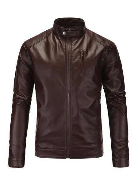 Milanoo Men Leather Jacket Casual Windbreaker Fall Coffee Brown Cool Winter Coats