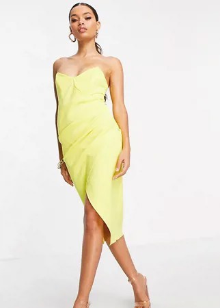 Желтое платье-бандо миди с запахом и сборками ASOS DESIGN Petite-Желтый