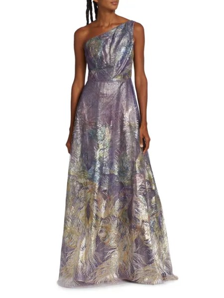 Платье из парчи с перьями на одно плечо Rene Ruiz Collection, цвет Purple Multi
