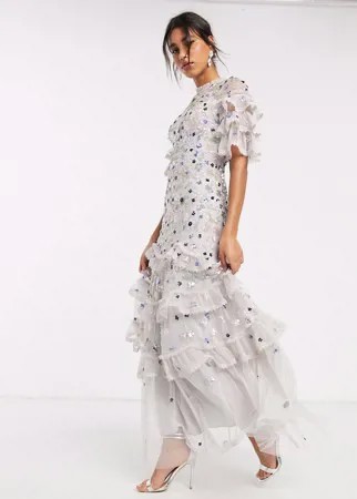 Ярусное платье макси с декоративной отделкой Needle & Thread-Серый