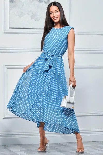 Синее плиссированное платье макси с асимметричным подолом из шифона Jolie Moi, синий