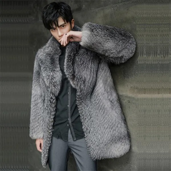 Мужское меховое пальто, куртки из искусственного лисьего меха, одежда средней длины, Осень-зима, теплая Повседневная куртка из овечьей шерсти, одежда серебристого цвета