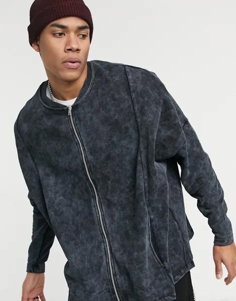 Черный трикотажный oversized-бомбер со вставками, ступенчатым краем и эффектом кислотной стирки ASOS DESIGN-Черный цвет