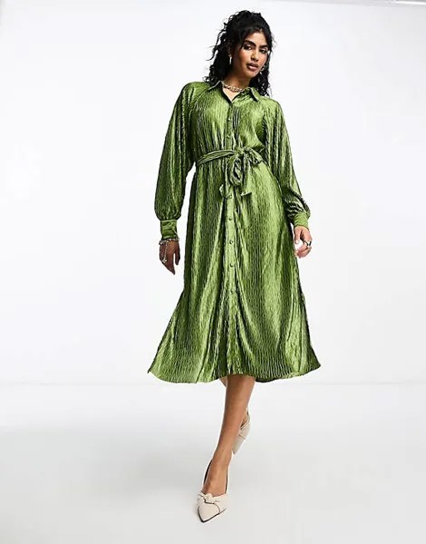 Плиссированное платье-рубашка YAS с поясом оливкового цвета
