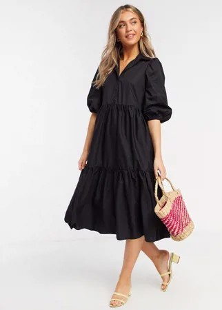 Черное платье-рубашка миди из хлопкового поплина ASOS DESIGN-Черный цвет