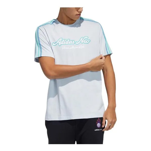 Футболка Men's adidas neo Solid Color Stripe Alphabet Round Neck Casual Short Sleeve Light Blue T-Shirt, мультиколор