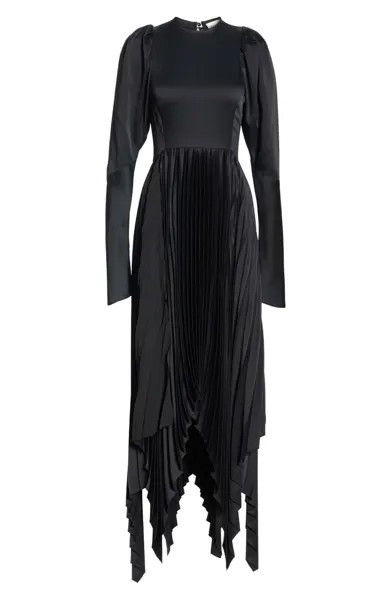 KHAITE Черное атласное платье макси миди GRETA со складками и асимметричным подолом, пышными рукавами, 4 S