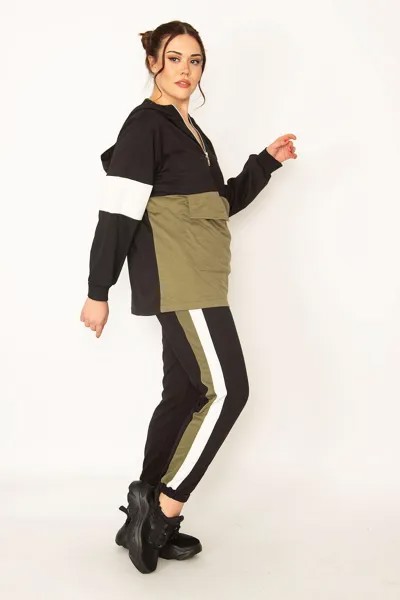 Женский спортивный костюм большого размера цвета хаки в стиле пэчворк с карманом-кенгуру на молнии и капюшоном 65n35416 Şans
