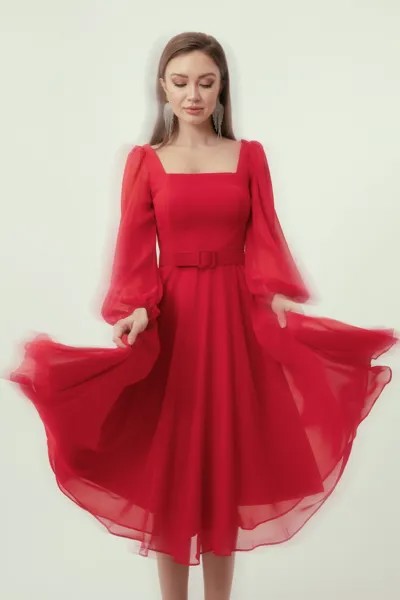 Женское шифоновое вечернее платье миди с красным квадратным воротником и поясом Lafaba, красный