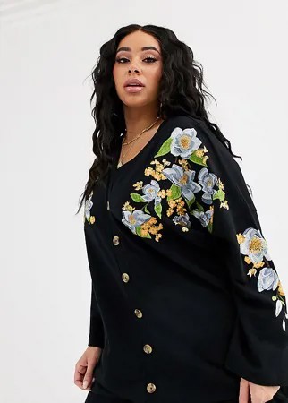 Трикотажное платье мини на пуговицах с вышивкой ASOS DESIGN Curve-Черный
