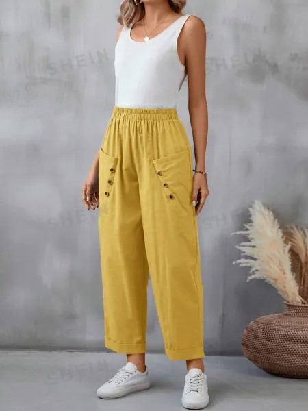 SHEIN LUNE Женские повседневные длинные брюки с двойными карманами и эластичной резинкой на талии, желтый