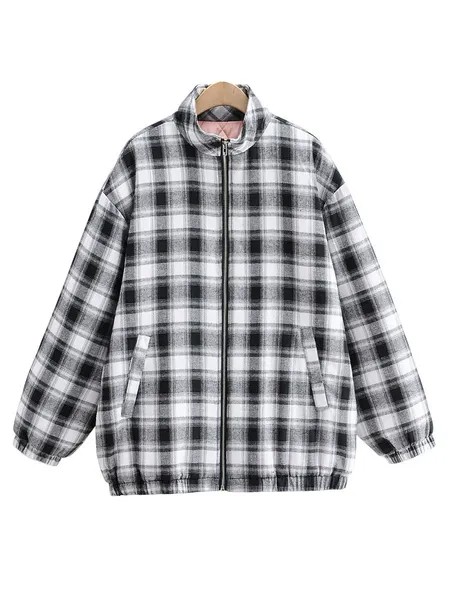 Milanoo Puffer Coats For Women Black Removable Zipper Stand Collar Long Sleeves Plaid Pattern Casual