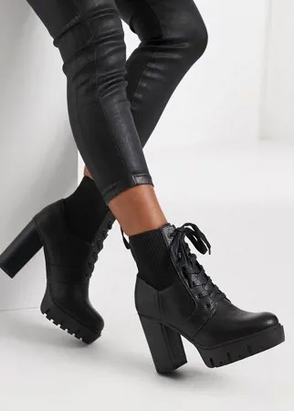 Черные ботильоны на каблуке в стиле походных ботинок Miss Selfridge-Черный