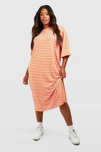 Платье-футболка миди в полоску из джерси Plus boohoo, оранжевый