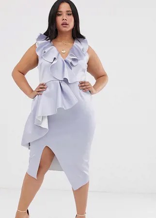 Платье миди с глубоким вырезом и баской с каскадной драпировкой ASOS DESIGN Curve-Голубой
